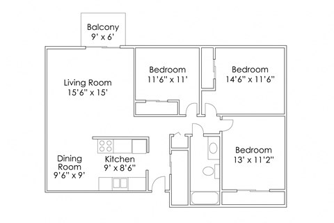 Floor plan for 3 beds, 1 bath, 1090 sqft